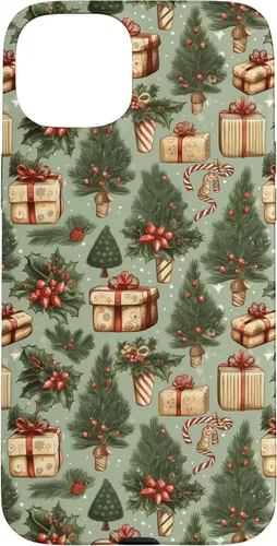 Vista 9 de Vintage Christmas Theme Holiday Trees, Presents, Teal, Bows Case for iPhone 17
