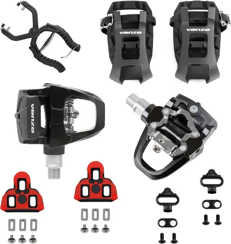 Vista 11 de Venzo Compatible con Shimano SPD-SL y Shimano SPD System para bicicleta de ejercicio en interiores, pedales y tacos con husillos resistentes de 9/16