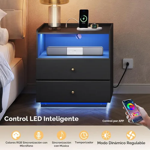 Vista 7 de WLIVE Mesita de noche negra con estación de carga, mesita de noche LED Negro