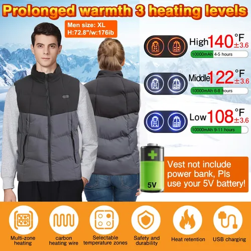 Vista 2 de PANGTIKU Chaleco térmico para hombres y mujeres, 17 zonas de calefacción, chaleco eléctrico USB, chaqueta térmica para invierno (batería no incluida)