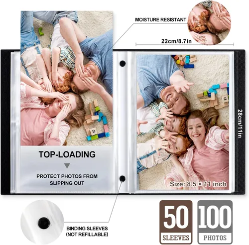 Vista 4 de Lanpn Álbum de fotos de 8.5 x 11 8.5 x 11 8 x 11 pulgadas, 100 unidades, tapa dura de lino, sin ácidos, fundas deslizantes para álbumes de fotos