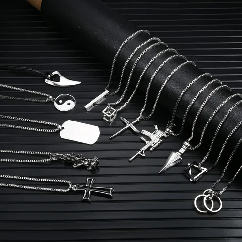 Vista 2 de FIASASO Juego de 12 collares con dije de acero inoxidable para hombre, collar gótico genial, cruz gótica, placa de perro Yin Yang, triangular, juego