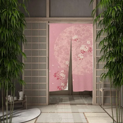 Vista 2 de Leowefowa Noren - Cortina de puerta de estilo japonés, estampado de flores rosadas, luna, cortina de puerta, tratamiento de ventana, tapiz