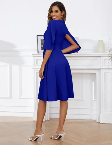 Vista 3 de BeryLove Vestido de invitada de boda de otoño para mujer, cuello barco, manga acampanada 34, casual, fluido, vestido formal por debajo de la rodilla