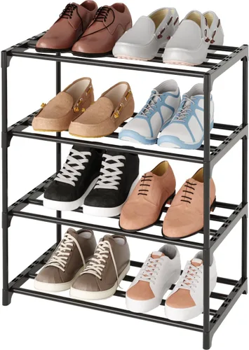 Vista 7 de Zapatero pequeño apilable, soporte estrecho para zapatos para niños, estante de almacenamiento de zapatos de metal para 6-8 pares de zapatos, Negro