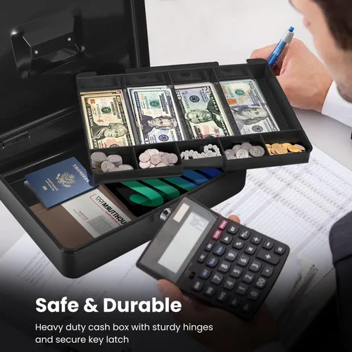 Vista 5 de Caja de Dinero Flexzion con Bandeja de Dinero y Cerradura - Caja de Dinero de Metal para Pequeñas Empresas, Caja de Dinero Negra de 9 Compartimentos