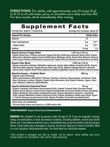 Vista 2 de Nature's Truth Mezcla de verduras orgánicas en polvo 20 más superalimentos con espirulina orgánica, raíz de remolacha, enzimas digestivas
