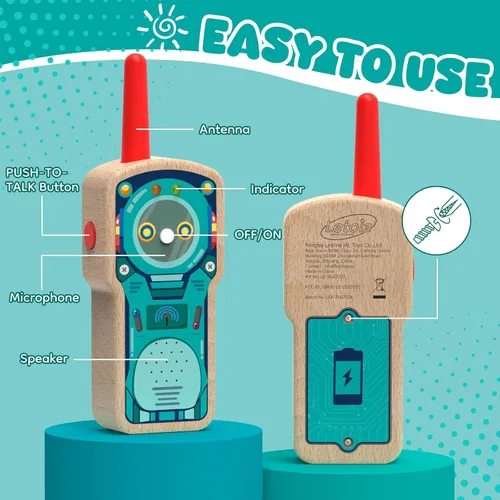 Vista 4 de Walkie Talkie Robot de madera para niños de 3 a 8 años, paquete de 2 radios de 2 vías con certificación FSC con rango de 1000 pies, fácil de empujar