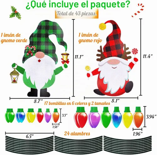 Vista 5 de 43 piezas de decoraciones navideñas para auto y refrigerador: set de accesorios con imanes reflectantes en forma de bombilla y gnomo, decoración