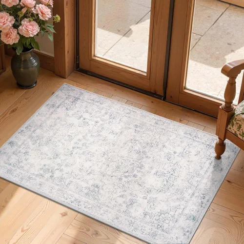 Vista 334 de jinchan Lima - Alfombra simétrica floral geométrica lavable, alfombra de entrada de medio círculo de 2 x 3, alfombra de media luna, suave y Azul