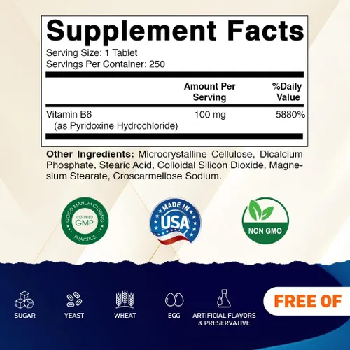 Vista 2 de Vitamatic Vitamina B6 (piridoxina HCl) 100 mg – 250 tabletas vegetarianas promueve la producción de energía, aumenta el metabolismo y apoya la salud