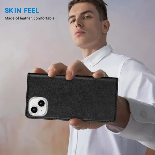 Vista 6 de ZZXX Funda tipo cartera para iPhone 14 con bloqueo RFID, soporte de ranura para tarjetas, funda protectora de cuero magnético fuerte plegable