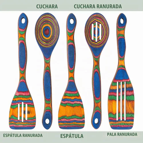 Vista 3 de Juego de utensilios de cocina de madera de 5 piezas, cucharas de madera para cocinar, utensilios de madera de Pakka para cocinar y servir, agarre