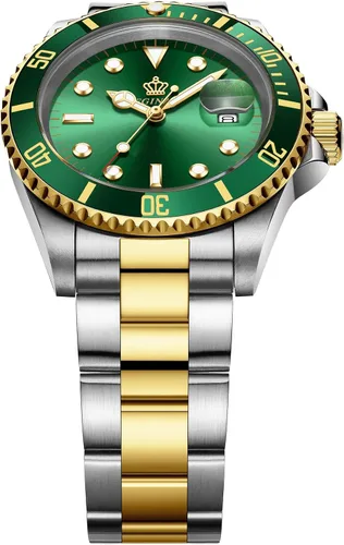 Vista 2 de MASTOP Reloj GMT para hombre de moda con bisel giratorio con esfera verde de cuarzo de acero inoxidable con banda dorada, Verde, Moderno