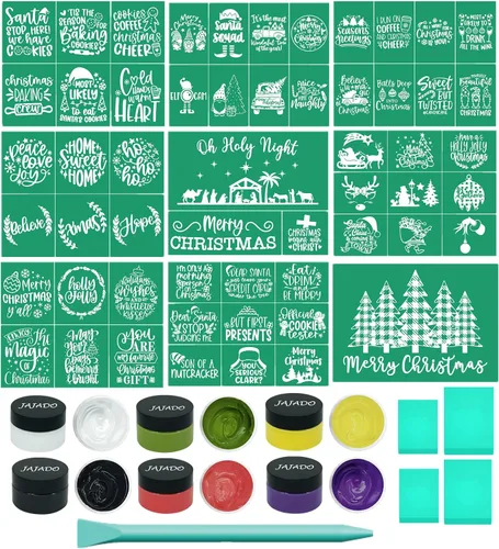 Vista 22 de 17 plantillas de pantalla de seda de Navidad con juego de pasta de tiza, mini espátulas, plantillas adhesivas reutilizables de Navidad
