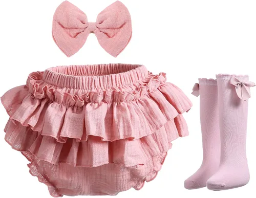 Vista 5 de Conjunto de bombachos y lazos de algodón para bebé recién nacida, pantalones cortos con volantes y diadema Café