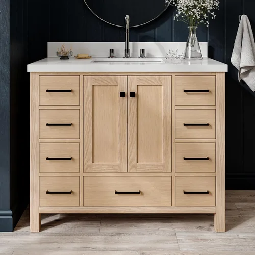 Vista 29 de ARIEL Cambridge - Mueble de baño con lavabo de 42 pulgadas, madera maciza, encimera de cuarzo blanco puro de 1.5 pulgadas, fregadero rectangular