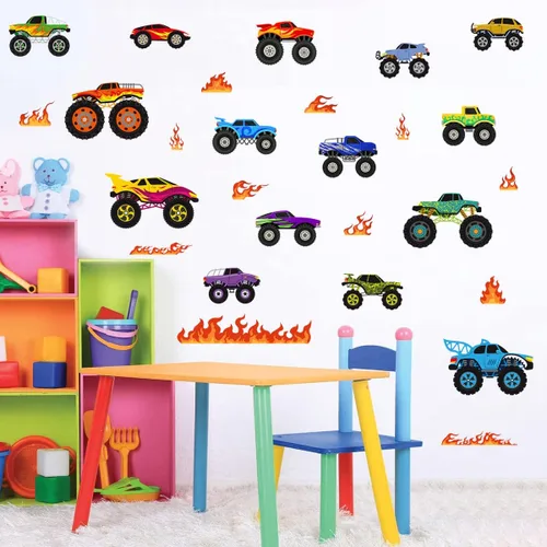 Vista 2 de Calcomanías de pared extraíbles de camión monstruo 3D, calcomanías de pared de camiones de bomberos despegar y pegar, calcomanías artísticas