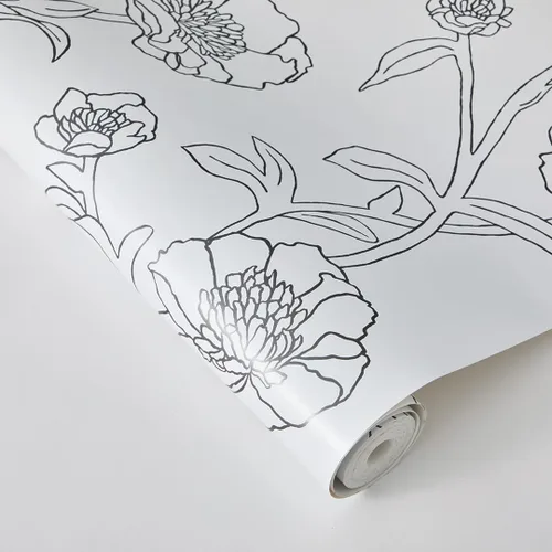 Vista 5 de Tempaper Papel tapiz floral extraíble con despegar y pegar de peonías metálicas en blanco y negro, 20.5 pulgadas x 16.5 pies, fabricado
