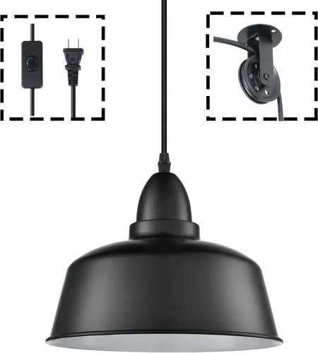 Vista 8 de Farmhouse - Lámpara colgante industrial enchufable, polea negra Hanging Light with Plug in Cord, Pulley Hanging Lamp, For Kitchen Island Bedroom