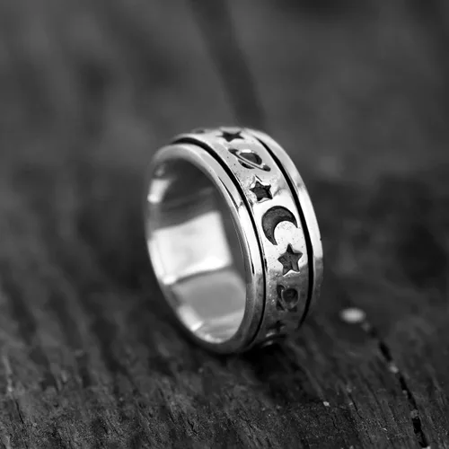 Vista 5 de Boho-Magic Anillo giratorio de plata de ley 925 para mujer con luna, estrellas y Saturno
