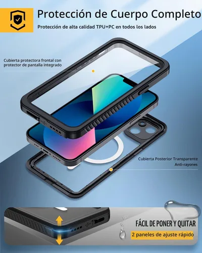 Vista 4 de Lanhiem Funda magnética para iPhone 13, impermeable, a prueba de polvo, a prueba de golpes, con protector de pantalla integrado compatible con Negro