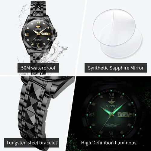 Vista 4 de OLEVS Reloj automático para mujer, color azul, dos tonos, fecha, reloj mecánico, calendario, reloj de pulsera impermeable con diamantes