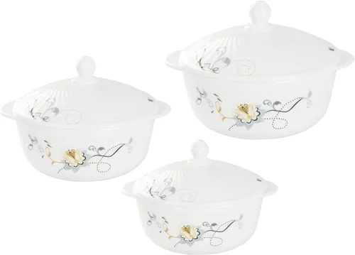 Vista 4 de Uniware High Quality Food Container Set/Food Organizer Set, 3 bowls + 3 Lids, Gift Box, OPAL GLASSWARE, Dishwasher safe (Golden Flower)