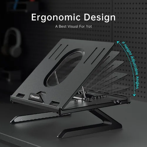 Vista 2 de OImaster Soporte ergonómico ajustable y plegable para computadora portátil con ventilación térmica, soporte elevador para laptop compatible