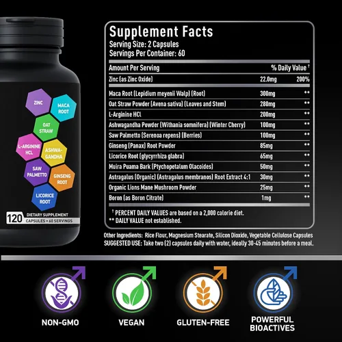 Vista 5 de Suplementos de fertilidad para hombres, zinc, maca, ashwagandha, L-arginina, concepción de vitalidad masculina para él, ayuda para el embarazo