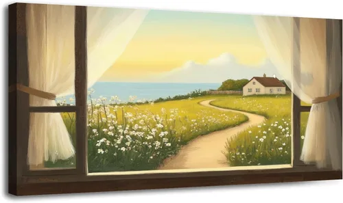Vista 14 de Arte de pared costero vintage de 30 x 60 pulgadas, paisaje de ventana, granja, paisaje, naturaleza, pintura cálida, impresión sobre lienzo, arte