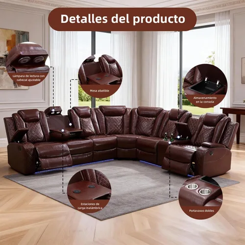 Vista 3 de Sofá Seccional Reclinable Eléctrico de Cuero Blanco Crema, Mueble Sala Cine en Casa con Iluminación LED, Consola Almacenamiento, Portavasos y Carga