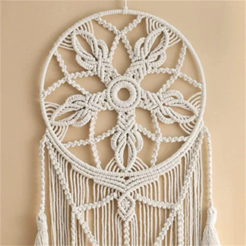 Vista 4 de Tapiz de atrapasueños, bohemio, macramé, tejido de algodón, hecho a mano, arte bohemio con borlas, adorno para dormitorio, sala de estar