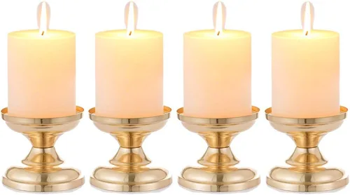 Vista 8 de NUPTIO Portavelas dorados para boda: 2 piezas de soporte de pedestal de pilar pequeño y redondo de metal votivo para mesa de comedor, sala de estar