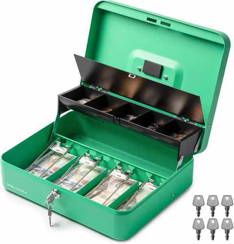 Vista 13 de Volcora Caja Grande de Dinero con Cerradura de Llave, Caja de Dinero de Metal para Efectivo, Caja de Seguridad con Cerradura Portátil y Bandeja