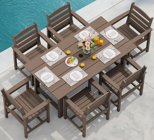 Vista 47 de SERWALL Juego de mesa de comedor de 7 piezas, muebles de comedor de polietileno de alta densidad para exteriores con agujero para paraguas y 6 Negro