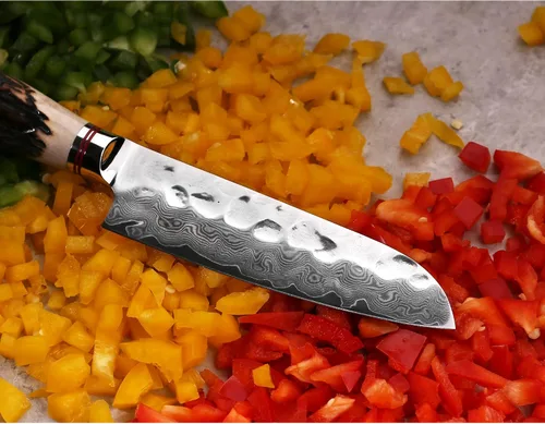 Vista 4 de SUNLONG Santoku - Cuchillos de 5 pulgadas con mango de cuernos naturales de Damasco martillado japonés