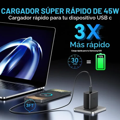 Vista 6 de Cargador USB C súper rápido de 45 W, cargador tipo C, bloque de carga rápida para teléfono Android con cable de carga tipo C de 3 pies para Samsung