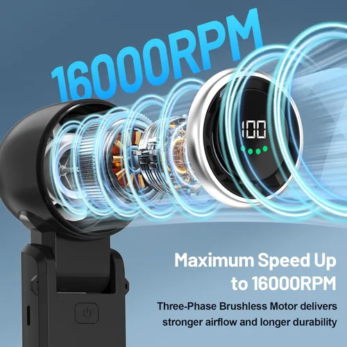 Vista 2 de Kuesuny Potente ventilador de mano de 16000 rpm, ventilador turbo portátil 3 en 1 recargable de 6000 mAh, viento ajustable de 1 a 100 velocidades