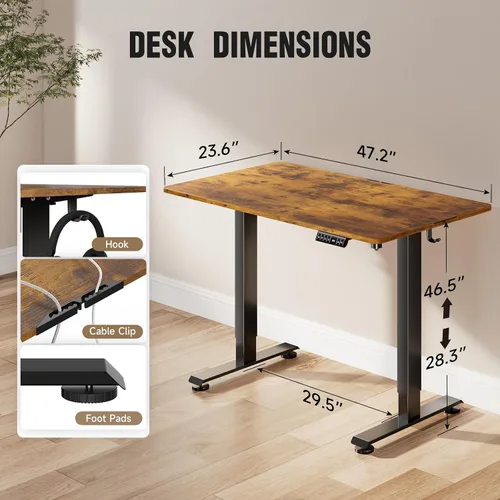Vista 3 de Veken Escritorio de pie de 47.2 pulgadas, escritorio de oficina de altura ajustable con superficie de madera, mesa de computadora para trabajo