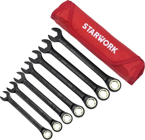 Vista 8 de STARWORK TRUE MECHANIC Juego de llaves de trinquete reversibles 10 en 1 de 2 piezas, extremo de caja doble, 120 dientes, GPLATING, SAE/métrico