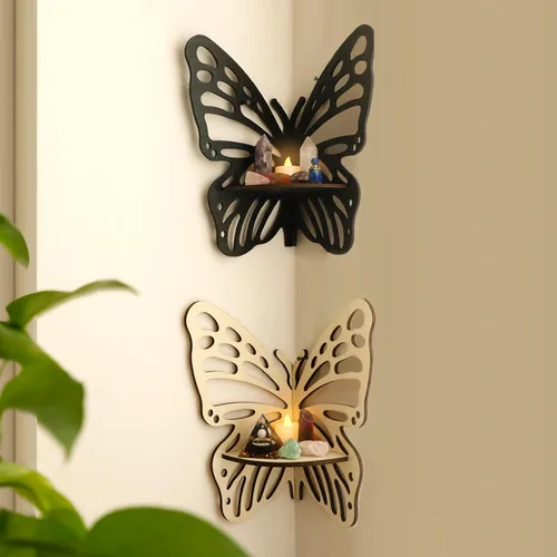 Vista 9 de Artilady Estante de cristal de mariposa – Estantes de esquina flotantes para pared, dormitorio, estante de exhibición de cristal, bohemio, lindo