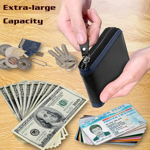 Vista 21 de Admetus Billeteras con bloqueo RFID para hombre, billetera de cuero con cremallera para hombres con tarjetero RFID plegable