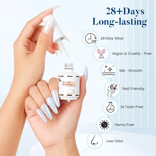 Vista 5 de Nicedeco Capa superior de gel para polvo de uñas cromado, sin hema, libre de crueldad, vegano, brillante, transparente, no se limpia, esmalte
