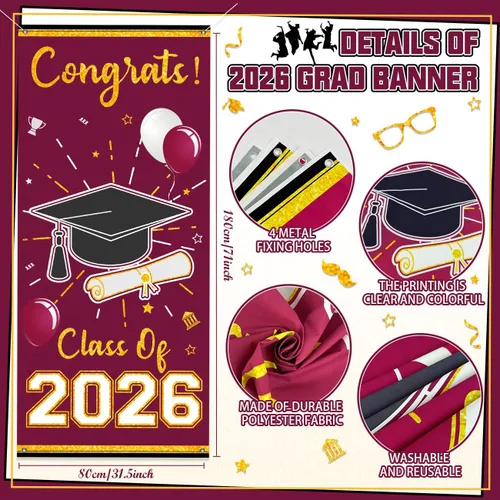 Vista 3 de Letrero de graduación granate y dorado para porche, decoración de graduación de Calss of 2026, 3 unidades, pancarta de graduación Cartel