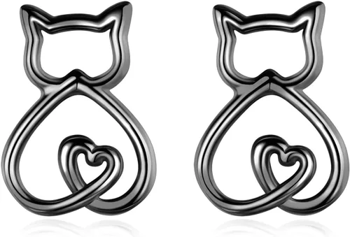 Vista 18 de INFUSEU Pendientes de tuerca de plata de ley con diseños de gato, rana, hongo y conejo, pequeños regalos para mujeres y adolescentes amantes