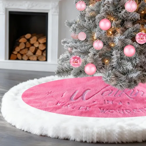 Vista 7 de yuboo Falda de árbol de Navidad rosa, 36 pulgadas de piel sintética de lujo con copos de nieve bordados, alfombra de árbol rosa rubor para árbol