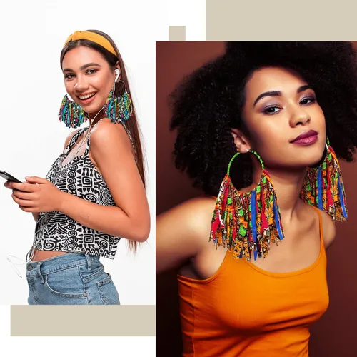 Vista 6 de Bonuci 2 pares de aretes de borla de tela africana Ankara con flecos, aretes africanos para el mes de la historia negra, joyería africana para mujer