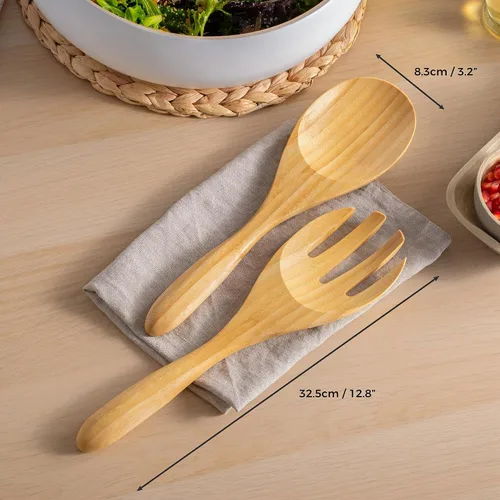 Vista 7 de Dehaus Servidores de ensalada de bambú extra grandes de 12 pulgadas - Cucharas de madera para servir ensaladas - Utensilios ecológicos - Manos
