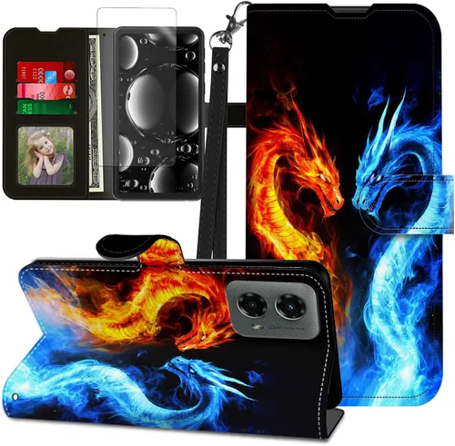 Vista 198 de Funda para Motorola Edge 2022 con protector de pantalla, soporte y tarjetero y correa para la muñeca, funda magnética para Moto Edge 2022 5G UW Lobo